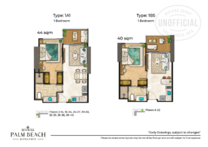 Floor plans for 1-bedroom Type 1A1 (44 sqm) and Type 1B5 (40 sqm) at The Riviera Palm Beach Wongamat.