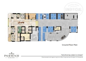 Ground floor plan for The Riviera Palm Beach Wongamat showing the luxurious main lobby, reception area, mail room, and ground-level parking.