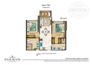 Floor plan for Unit Type 2B4, a 2-bedroom 65 sqm high-floor residence at The Riviera Palm Beach Wongamat.