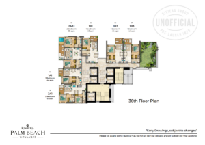 Full 36th floor plan for The Riviera Palm Beach Wongamat featuring the 2A3J corner jacuzzi unit and a landscaped sky garden.