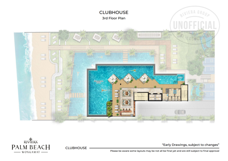 3rd-floor clubhouse plan for The Riviera Palm Beach Wongamat featuring the main swimming pool, sunken lounge pods, and pool bar.